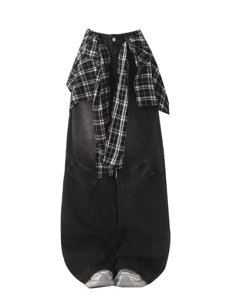 

Retro American Plaid Splicing Women's Jeans Loose Workwear Trousers High Waist Wide Leg Casual Wear Resistant to Wear