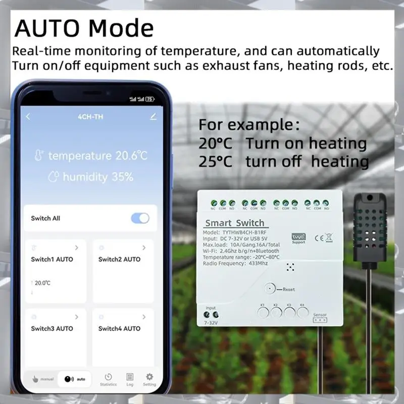 Hot Selling-Tuya Smart Wifi 4 Channel Relay With Temperature Humidity Sensor Passive Dry Contact Switch RF433 For Alexa Alice,Tu