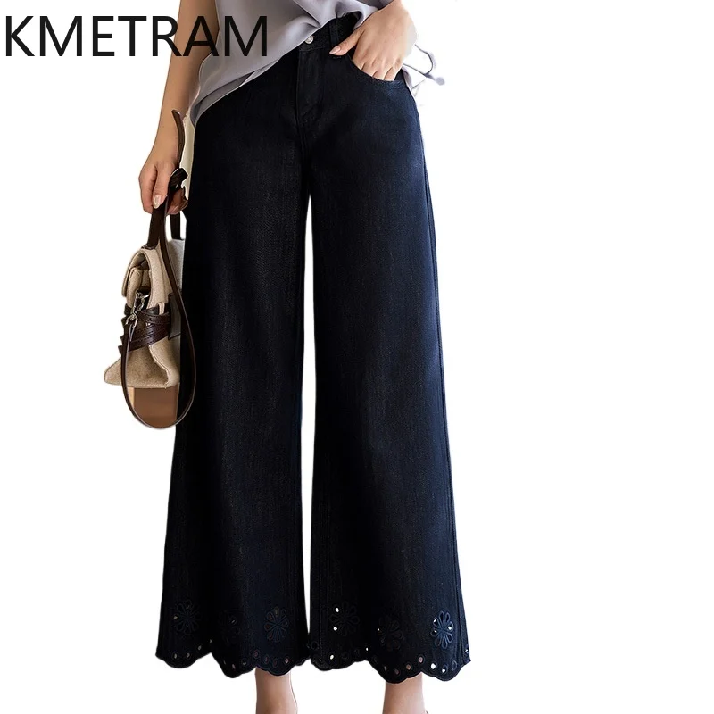 

KMETRAM 66.6% Cotton 33.4% Lyocell Pants for Woman Embroidered Hollow Baggy Pants New in Wide Leg Trousers 2026 Women Clothes 바지