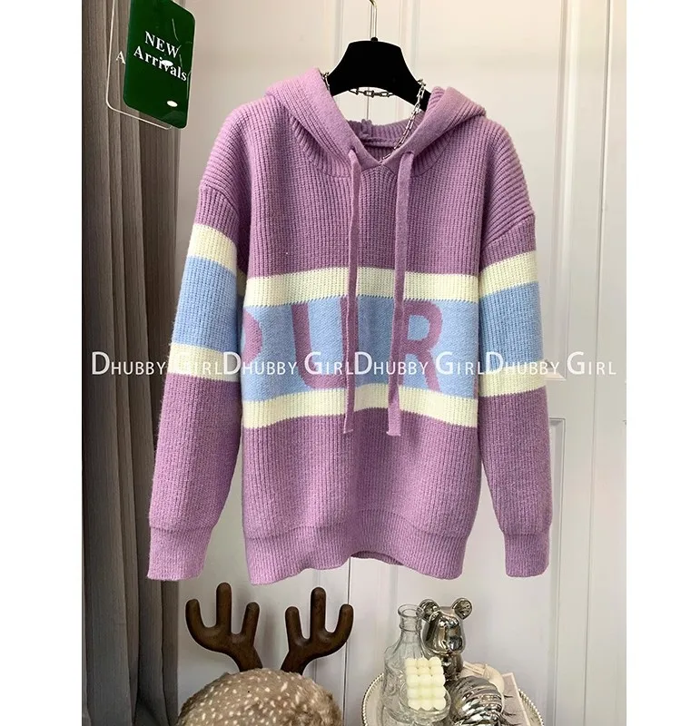 Autumn And Winter Casual Sweater Korean-style Slouchy Hooded Knitwear Loose Fashion Vintage Striped Sports Women's Tops