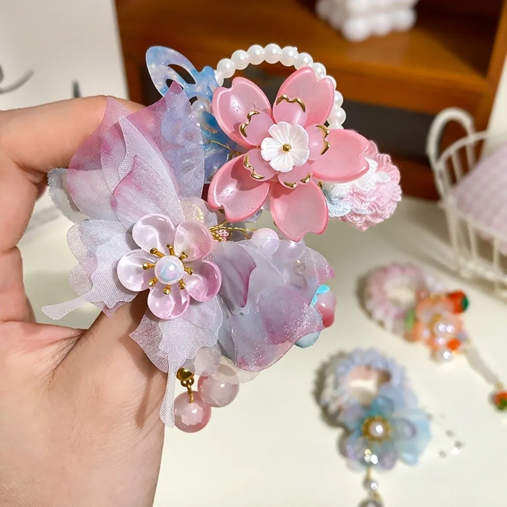 New Chinese Style Flower Hair Tie Bead Pendent Elastic Princess Hair Ring Butterfly Pink Hair Band Headwear