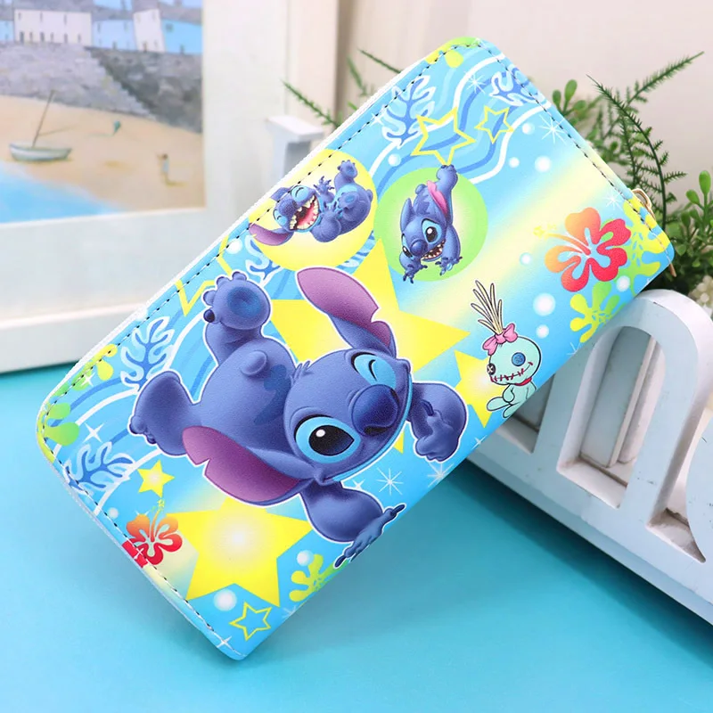 Disney-cartera de dibujos animados de Stitch para estudiantes, monedero largo con cremallera, gran capacidad, ranura para múltiples tarjetas