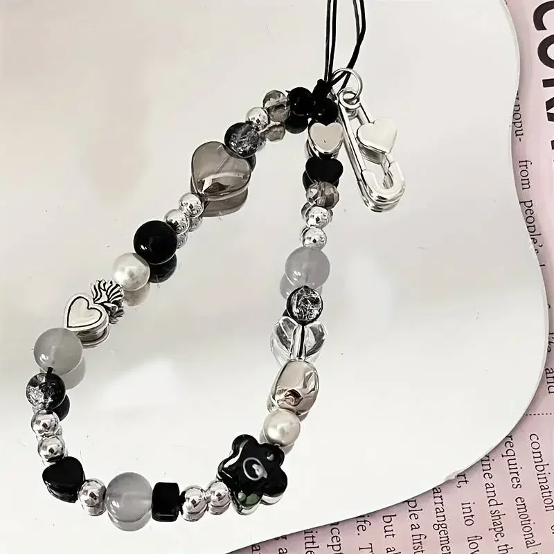 Heart Flower Bead Phone Charm Strap Korean Bracelet Pendant for Bag Camera Accessories Hanging Rope Girl Jewelry