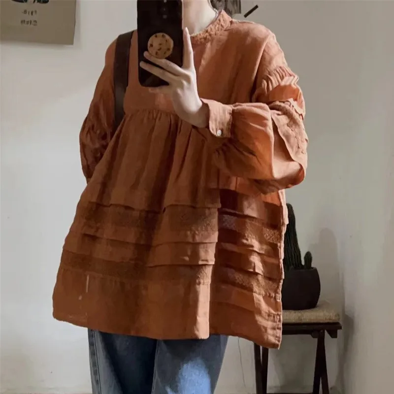 Johnature Spring Summer New Thin Ramie Ruffles Sunscreen Women Tops 2024 Vintage Japanese Patchwork Lace Loose Mori Blouses