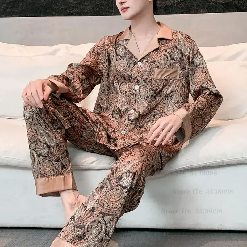 Men's Plus Size Pajamas Set New Print Long Sleeved Sleepwear Trouser Pyjamas Suit Silk Satin Night Wear Loungewear Home Clothes