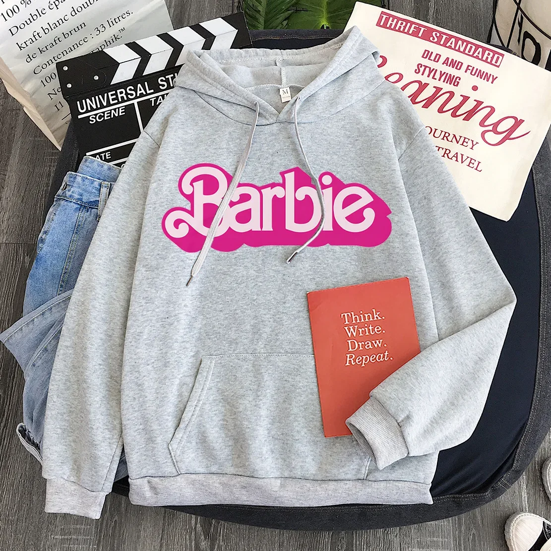 Sudadera con capucha rosa para mujer, ropa deportiva de manga larga con estampado de dibujos animados de Barbie para primavera y otoño, ropa informal holgada para niñas