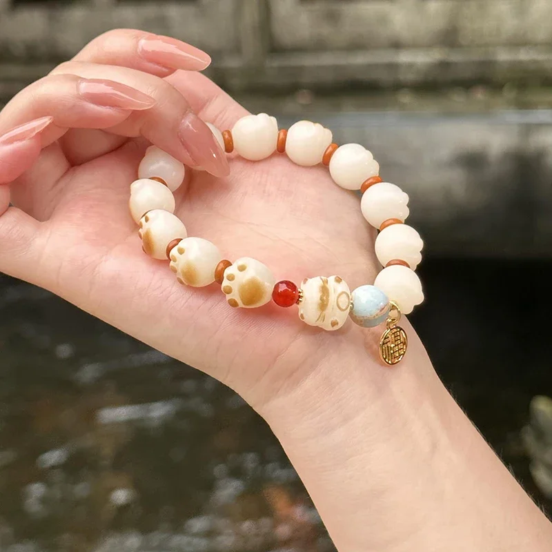 Meow Claw White Jade Bodhi Root Bracelet Female Cat Accessories Shoushan Shifu Brand Bodhi Root Little Cat Buddha Bead Bracelet