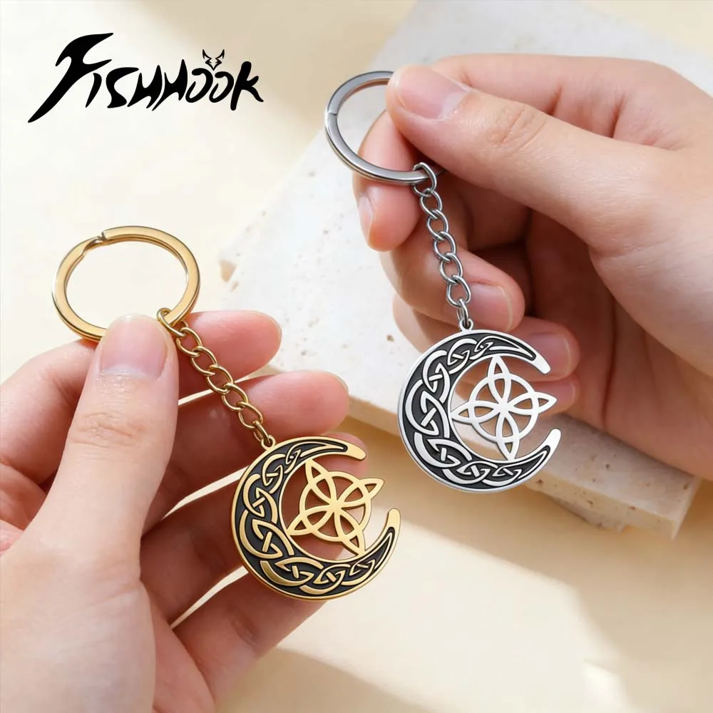 Moon Celtic Witch Knot Keychain for Woman Men Key Chain Ring Stainless Steel Gold Color Supernatural Amulet Pendant Jewelry Gift