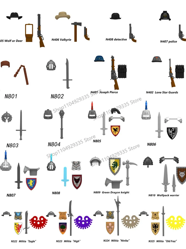 Blocs de construction de figurines médiévales N322 N401 N809, château de la milice, Dragon vert, chevalier, loup, guerrier, Cowboy, Police, jouet en brique pour enfants