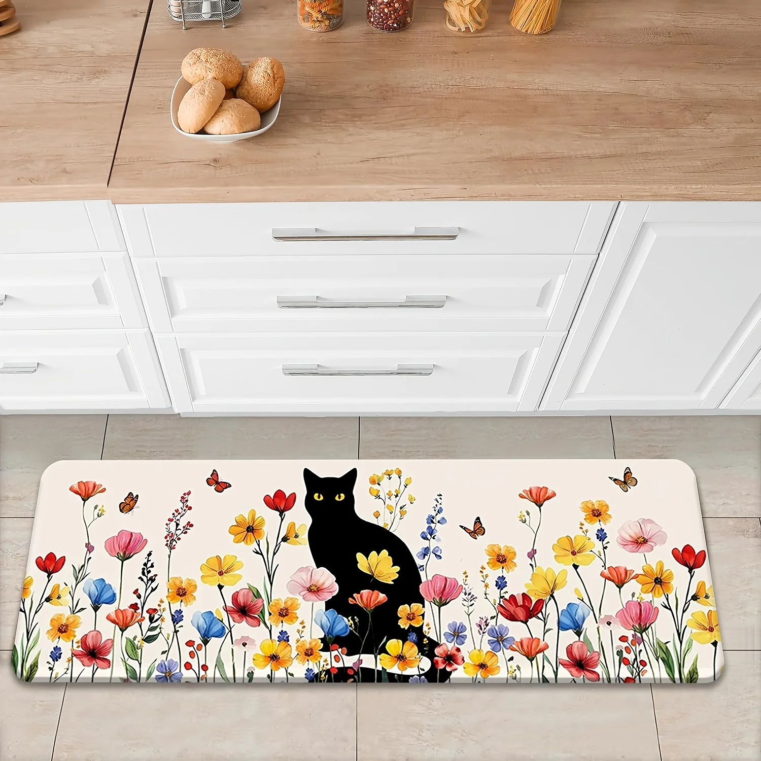 Colorful Rainbow Wooden Board Runner Rug  2D White Daisy Blue Butterfly Print Non Slip Hallway Kitchen Long Floor Mat
