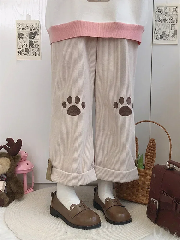 

QWEEK Harajuku Kawaii Beige Corduroy Pants Cute Japanese Style Lolita Brown Wide Leg Trousers Embroidery Girly Sweet Pantalon