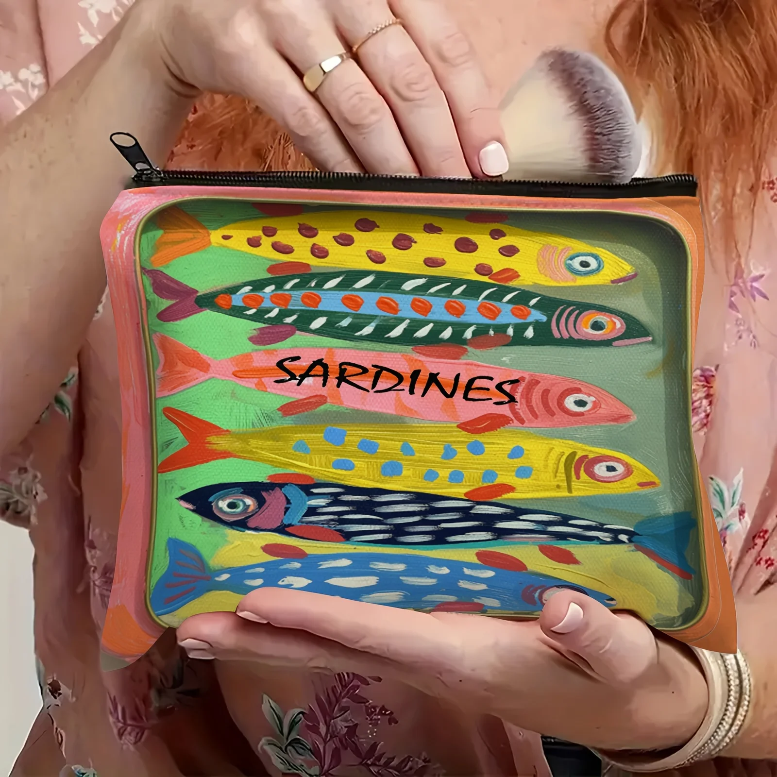 Vintage Sardine Design Zipper Pouch Travel Bag for Cosmetics, Snacks, Toiletries, Coins, Pencils Colorful Canned Fish Pattern