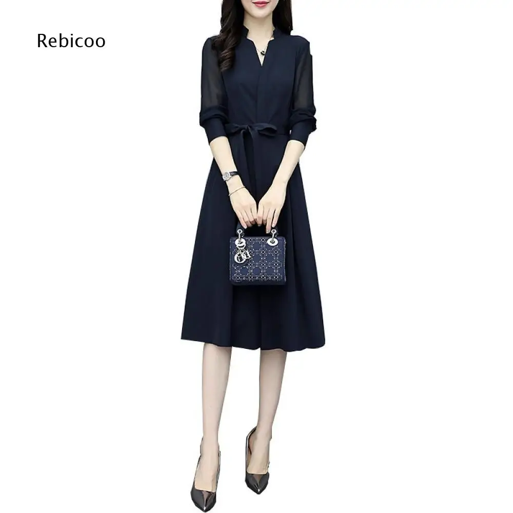 Women Formal Midi A Line Dress V Neck Stand Collar Sheer Sleeves Self Fabric Waist Tie Flowy Hem Smart Office Daily Dresses