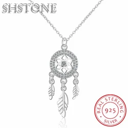 SHSTONE 925 Sterling Silver Dreamcatcher feather Charm Necklace Pendant Silver Dream Catcher Pendant Statement Choker Necklace