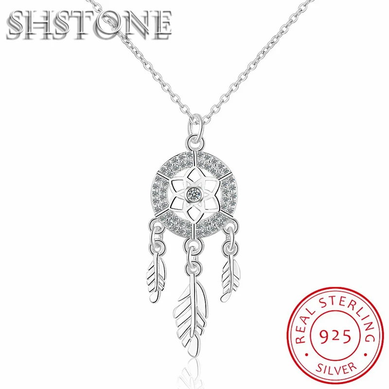 SHSTONE 925 Sterling Silver Dreamcatcher feather Charm Necklace Pendant Silver Dream Catcher Pendant Statement Choker Necklace