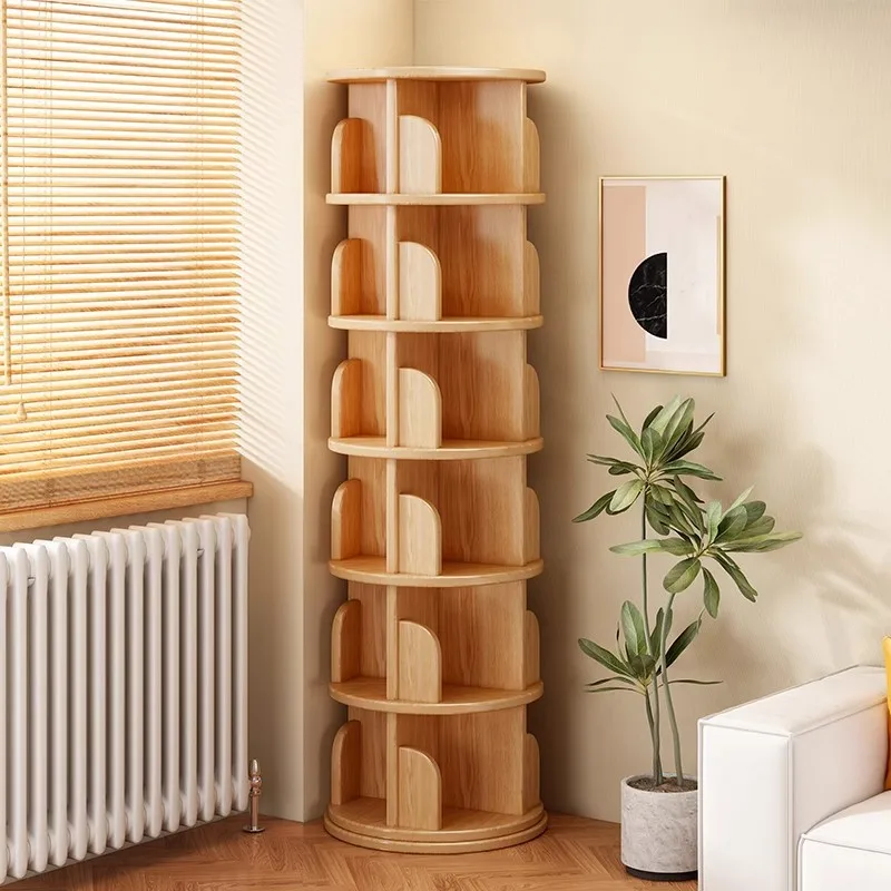 Modern solid wood floor storage rack 360 degree rotation multifunctional 8 layer bookshelf home office bedroom
