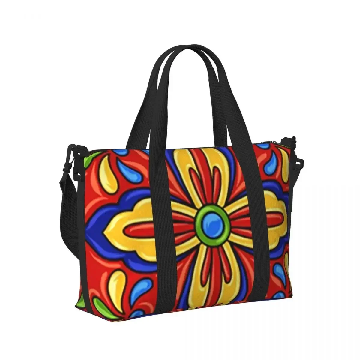 

Mexican Talavera Flower Folk Ceramic Tile Art 10 Beach Travel Bag Tote Bags for Gym Sport Women Shopping Duffle Shoulder Bag