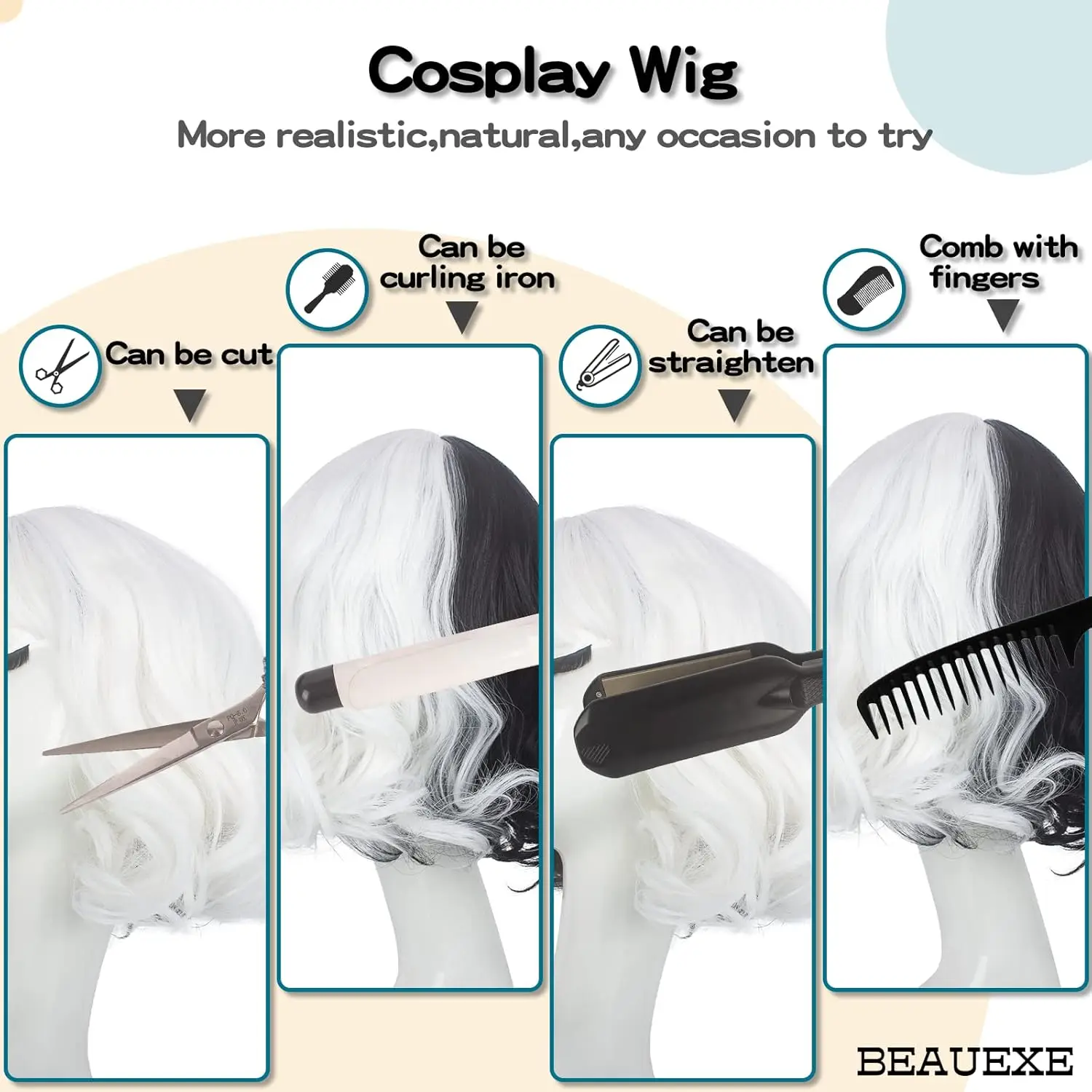 أنيمي تأثيري الباروكات طويلة قصيرة متموجة أبيض وأسود شعر مستعار للنساء تأثيري هالوين زي حزب الباروكات للنساء الفتيات #5