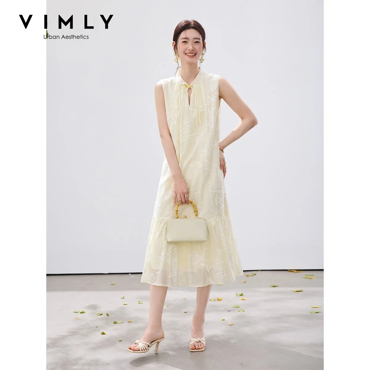 VIMLY Women's New‑Chinese‑style Bamboo‑leaf Embroidered Dress 2026 Summer Elegant Fashion Stand‑collar Cami Dress Female A5221