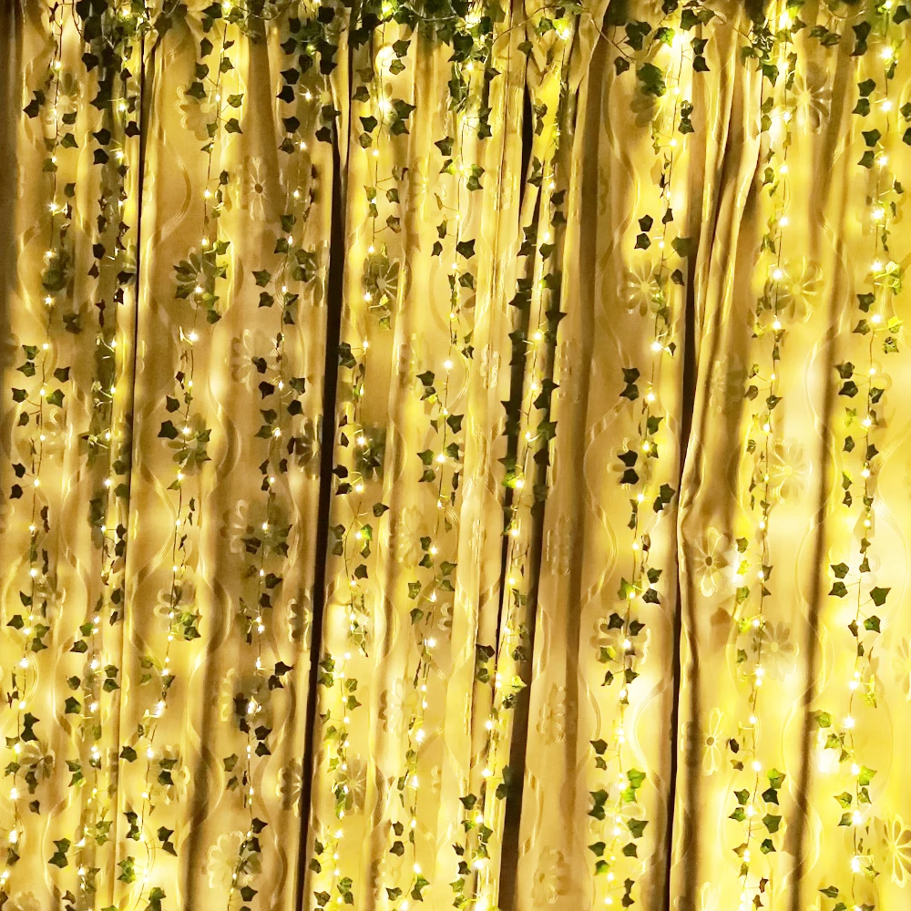 Silk Leaves Fake Creeper Green Leaf Ivy Vine LED String Lights For Home Wedding Party Hanging Garland Artificial Flower Decor