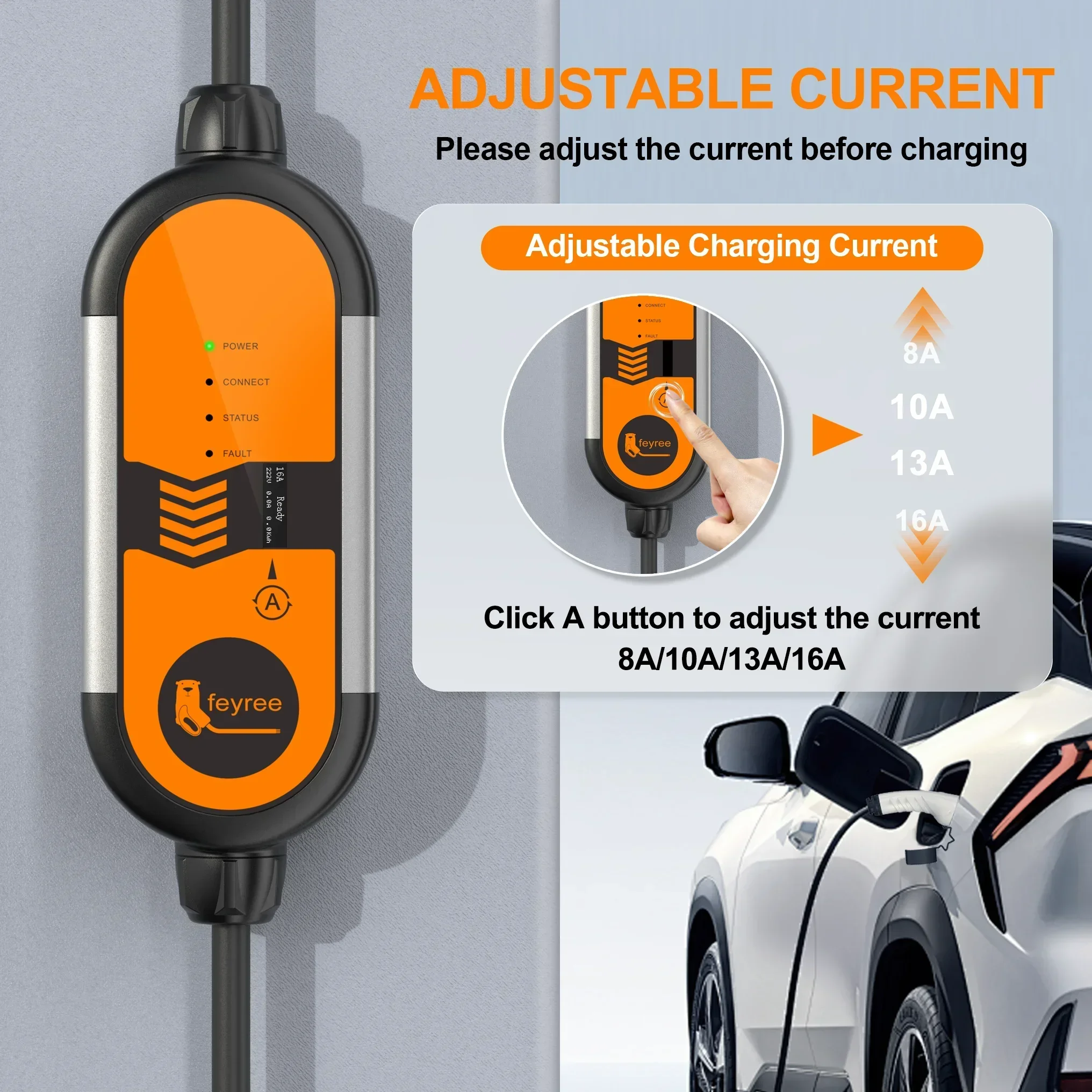 feyree Type2 16A 3.5KW Portable EV Charger EVSE Charging Cable 5m with Schuko Plug Current Adjustable for Electric Car Charger