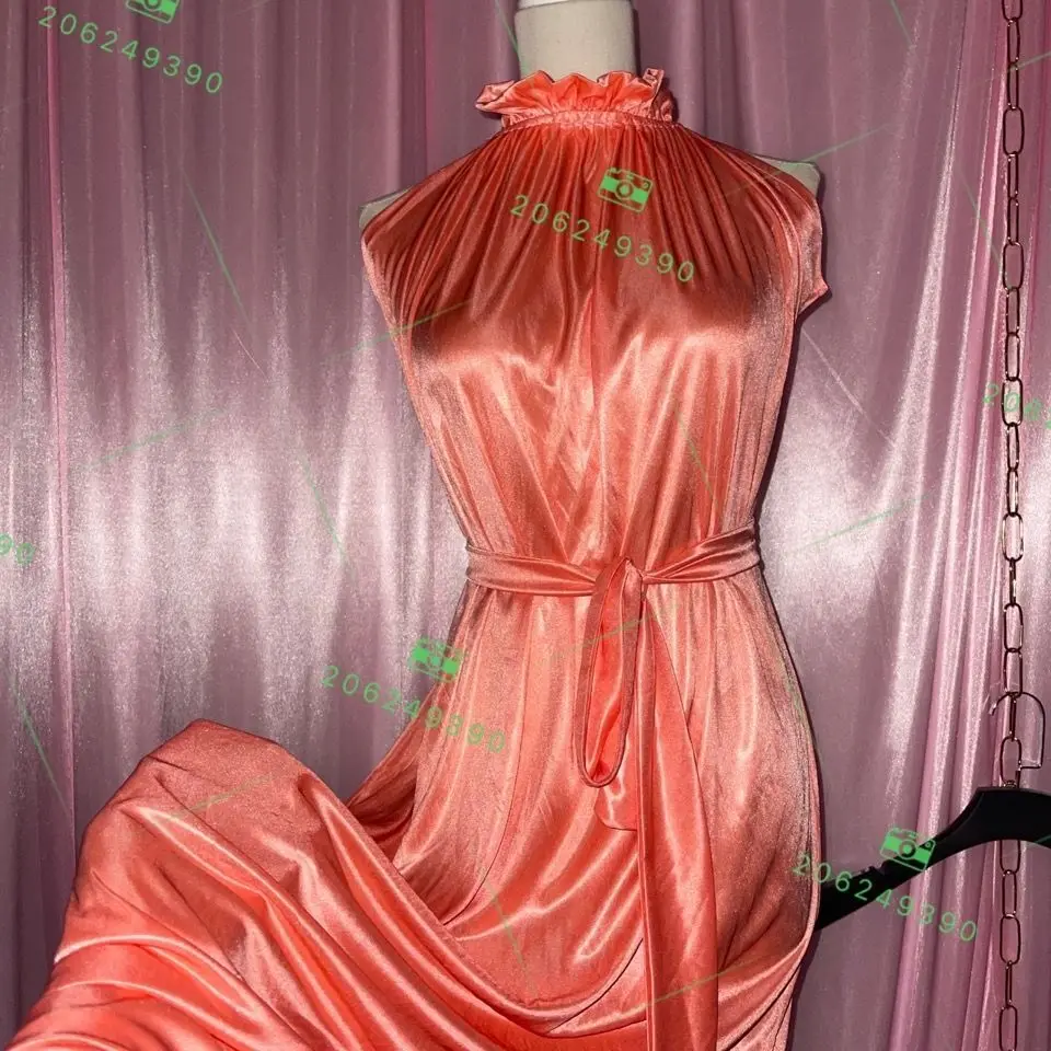 

Glossy Women Satin Sleeveless Dress With Sash Loose Maxi Dress Plus Size Sleeping Robe