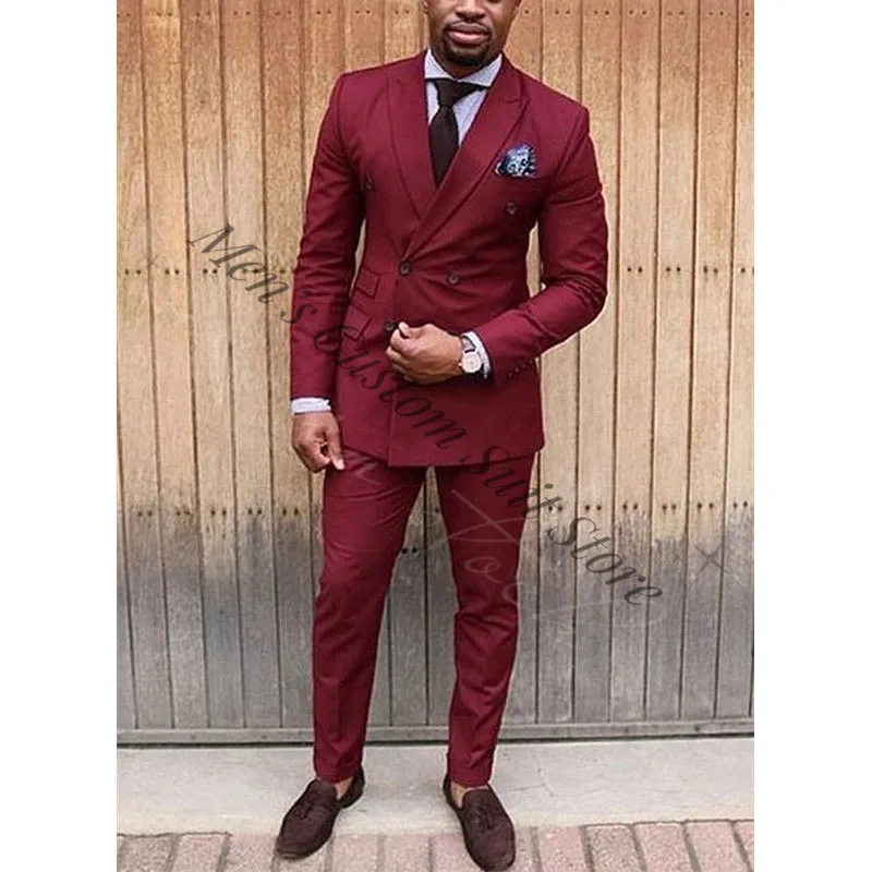 

Burgundy Men's 2 Piece Suits Set Peaked Lapel Double Breasted Slim Fit Jacket Pants Smart Wedding Formal Business Suits Tuxedos