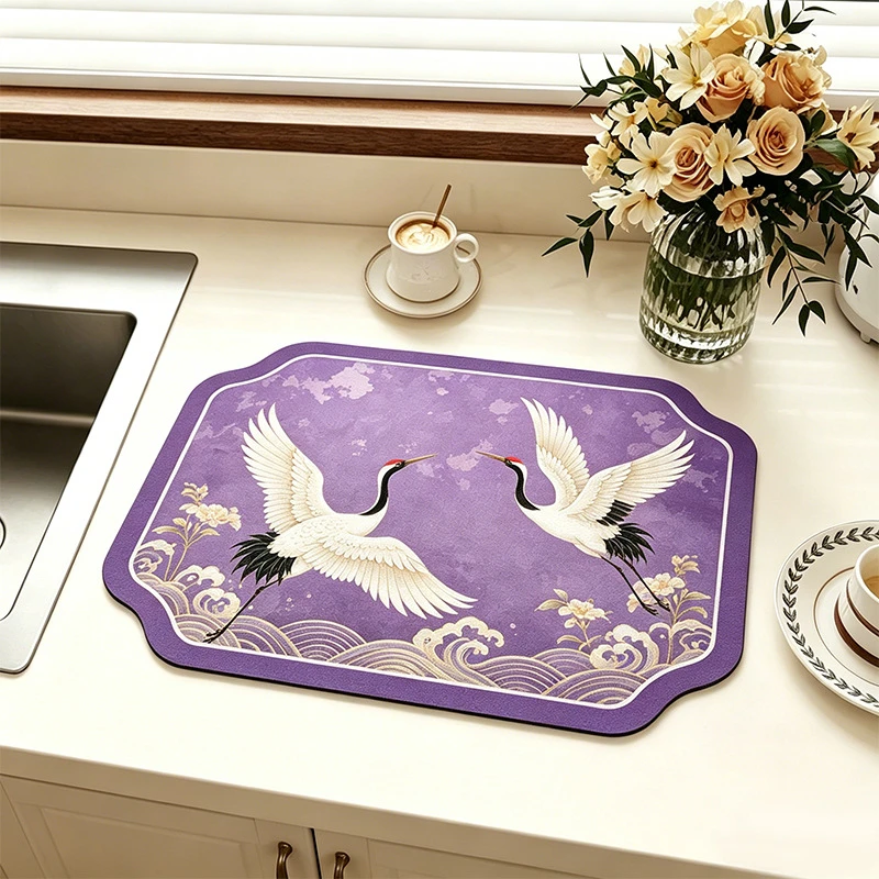 VIKAMA Kitchen Drain Mat Pink Peach Blossom Watercolor Spring Non Slip Absorbent Washable Durable Easy Clean Waterproof Soft