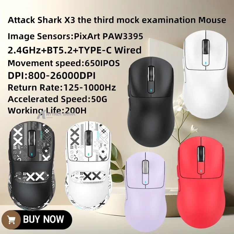 

Беспроводная игровая мышь Attack Shark X3, Ультралегкая 49g Pixart Paw3395 26000 Dpi, Bluetooth/2,4 ГГц/Проводная, Kailh Gm8.0 переключатель красный