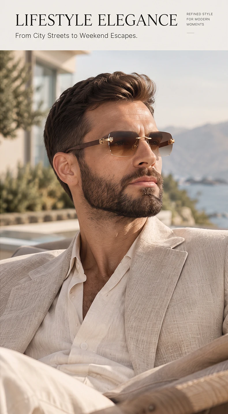 Quadratische Randlose Photochrome Sonnenbrille für Herren Vintage Sonnenbrillen 2026 Luxus Designer Shades Herren Geschnittene Gläser Rahmenlose Brillen – Detail 1