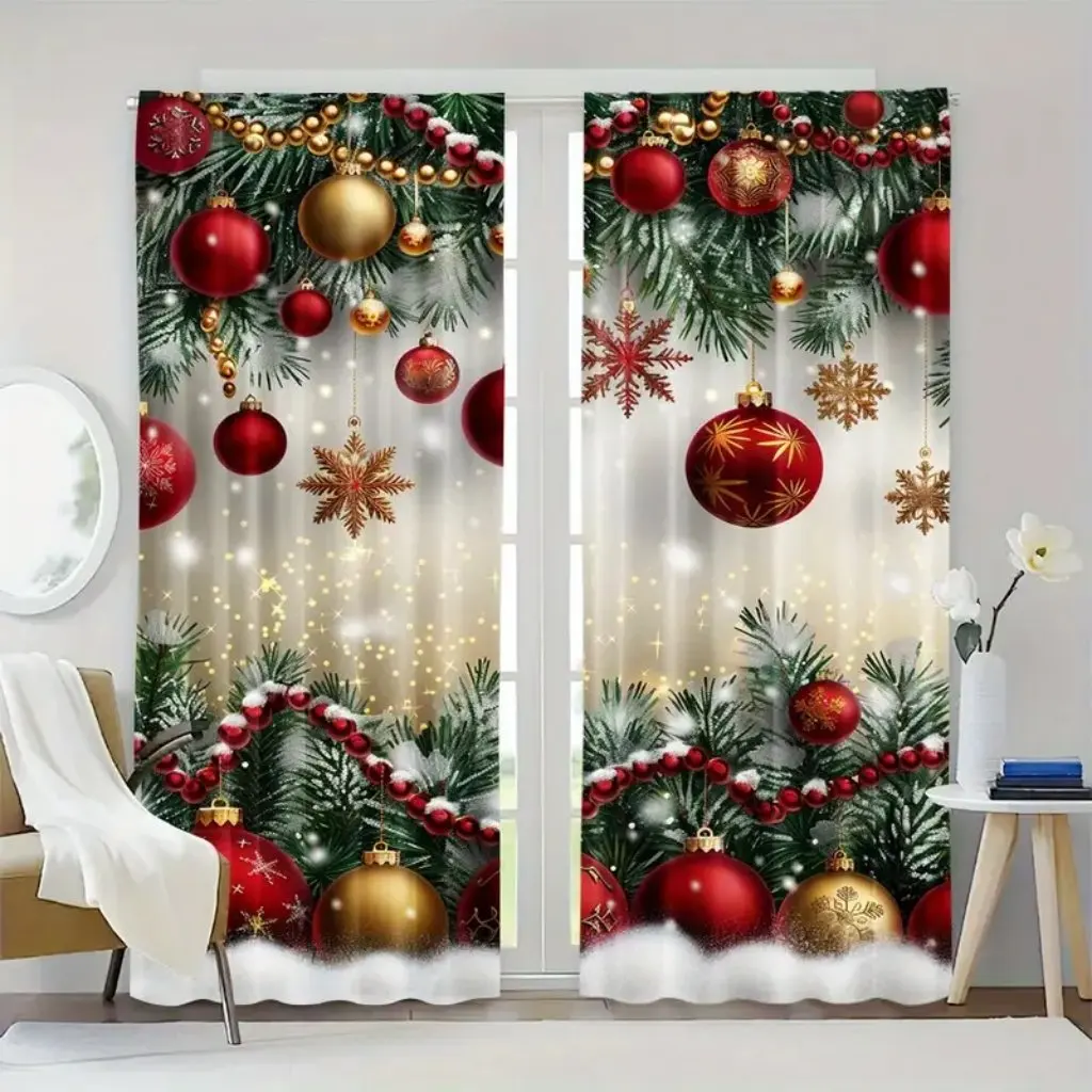 2pc Set Golden Bell Christmas Polyester Doorway Curtains Festive Digital Print, Machine Washable, Holiday Decor for Bedroom