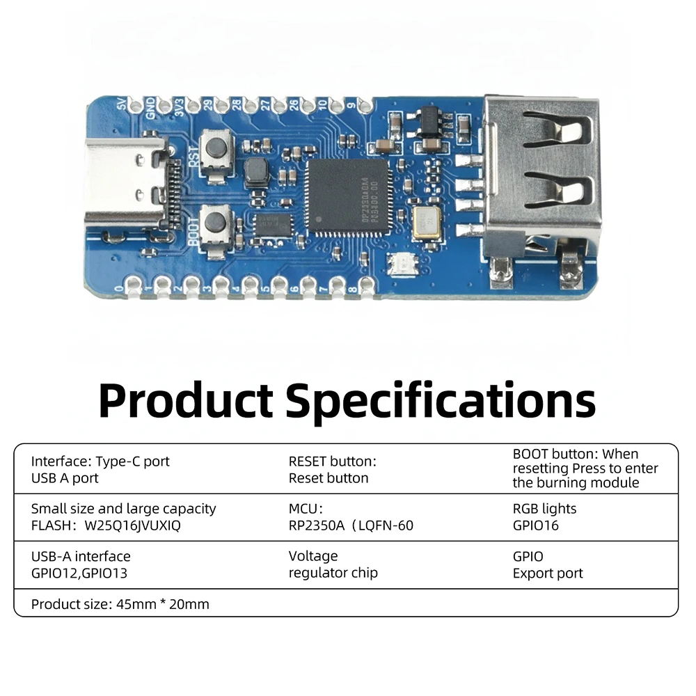 RP2350-USB-A Mini-Entwicklungsboard RP2350A Dual Cortex-M33 RISC-V 150MHz 520KB SRAM 2MB Flash Type-C für IoT Maker DIY-Projekt – Detail 8