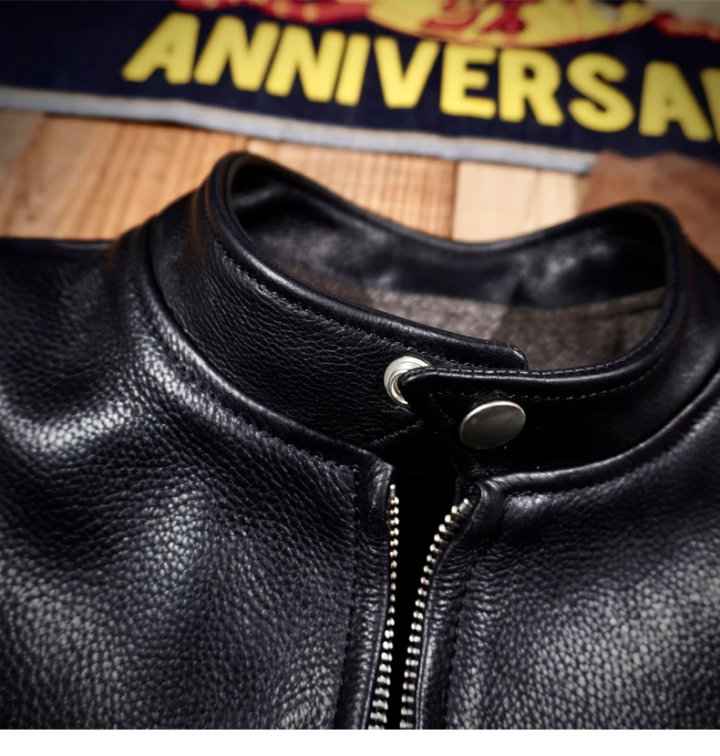 خياط براندو J100 الوقوف طوق 1930S الحبوب الكاملة جلد البقر سترة الرجال قصيرة جلد طبيعي دراجة نارية سترة #3