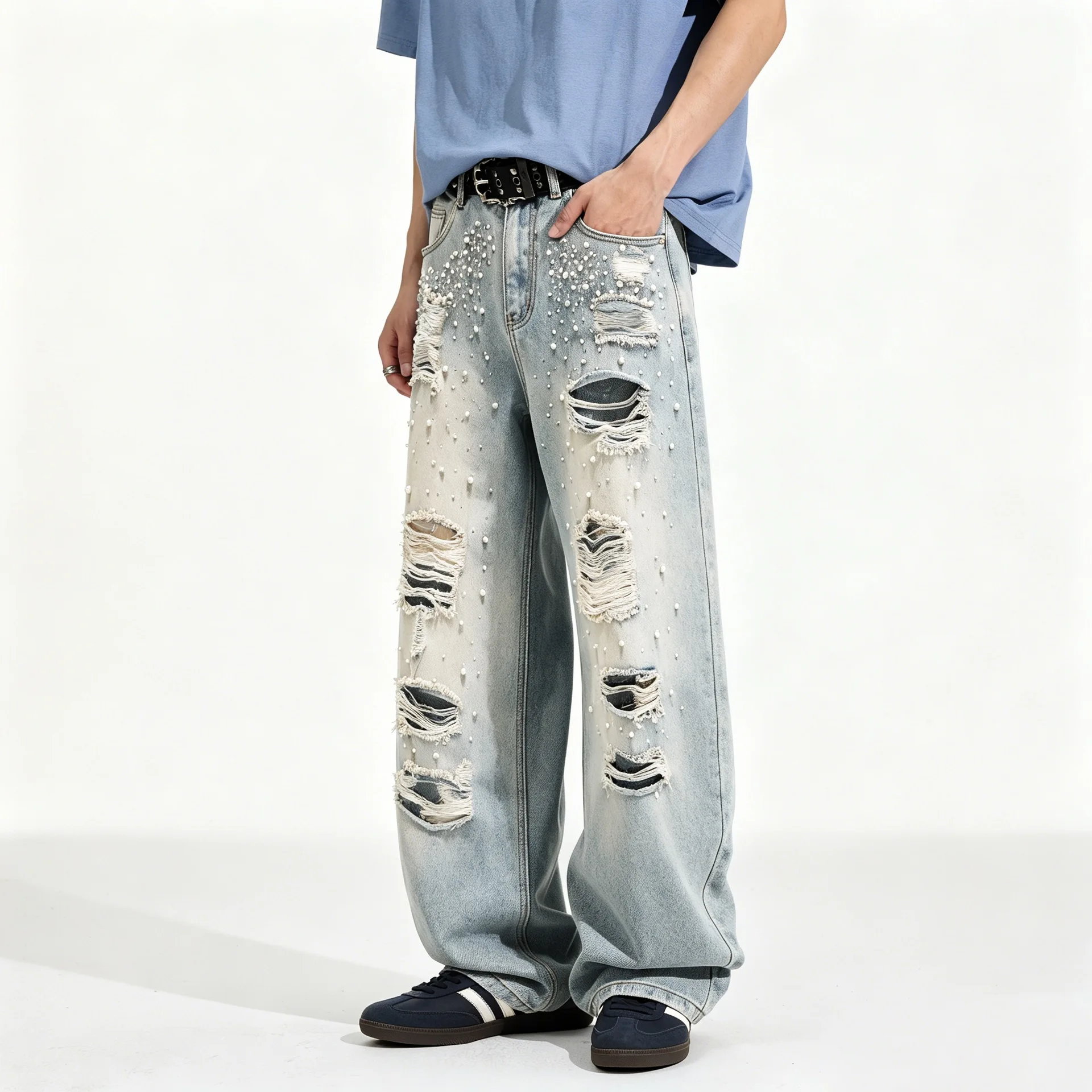 Men's Fashion High Street Destroyed Jeans Pants With Pearls Loose Fit Vibe Style Hip Hop Denim Trousers Ripped Jeans With Holes