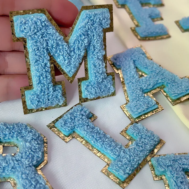 1Pc 5.5cm Light blue letter Thickening Chenille Patches Stick on Appliques For DIY Summer Style t-shit Clothings