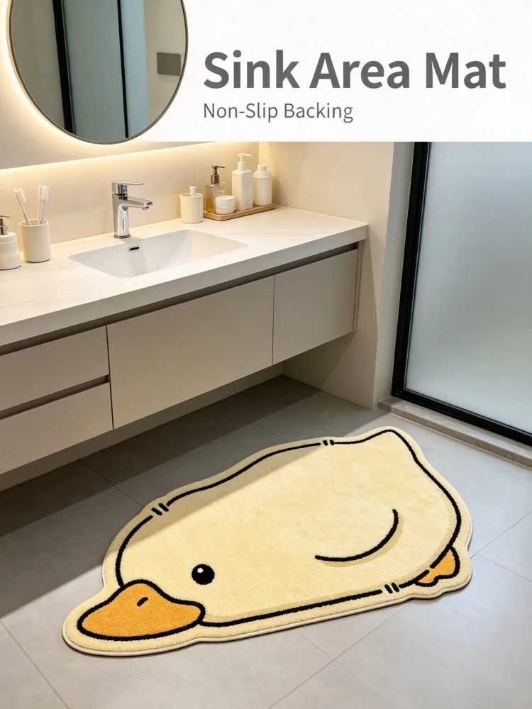 Cute Lying Duck Shaped Bath Mat Soft Flannel Absorbent Non‑Slip Floor Mat Irregular Cartoon Animal Carpet For Bathroom Bathtub S