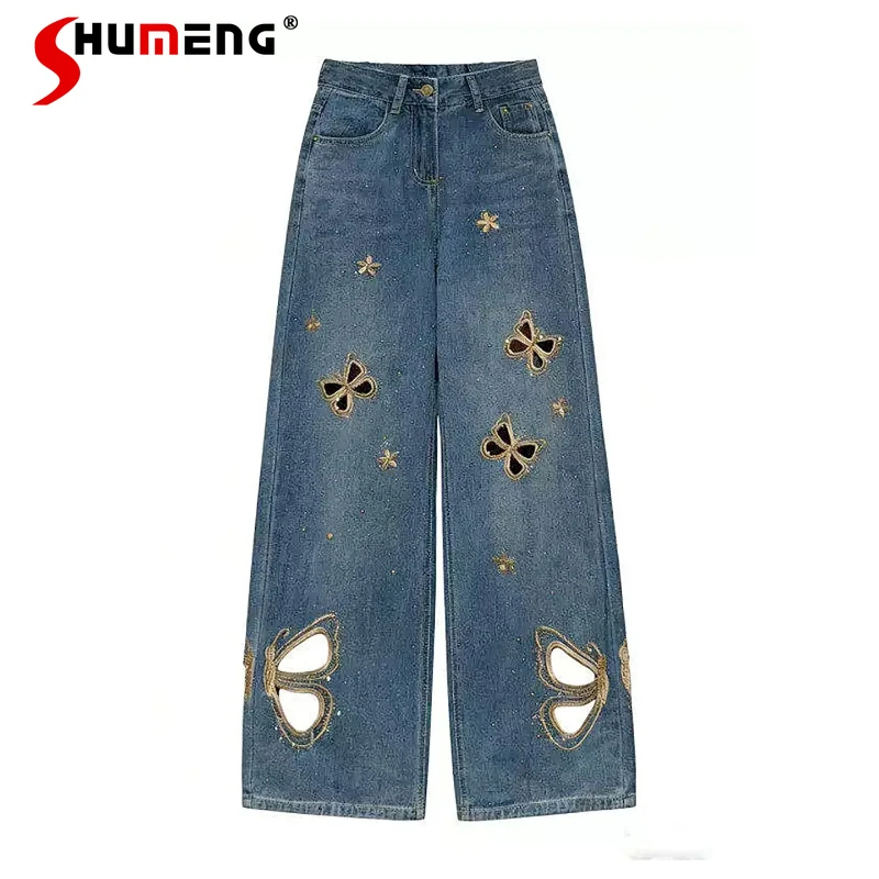 

Women's 2026 Summer New High Waist Comfort Straight Denim Pants Butterfly Hot Diamond Denim Trousers Hollow Out Wide Leg Jeans
