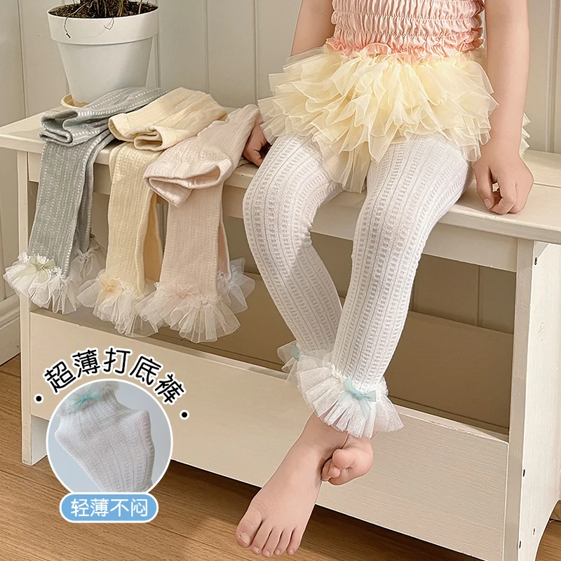 Cute Girls Vibrant Mesh Cropped Pants Delicate Colorful Bow with Big Lace Edge Ventilated Fabric High Elastic Nine-Point Bottoms