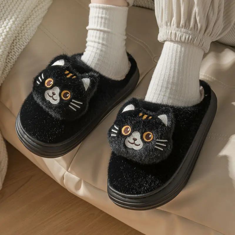 

Unisex Winter New Black Furry Cat Cotton Slippers for Women Indoor Home Non slip Thick Bottom Soft Bottom fuzzy Slipper Men44/45