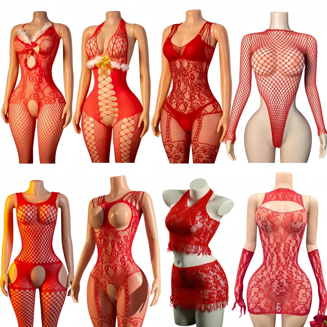 Sexy Body Stockings For 18+ Women Hot Exposed Breasts And Crotchless Design Plus Size Red Christmas costumes Poen Sex Lingerie
