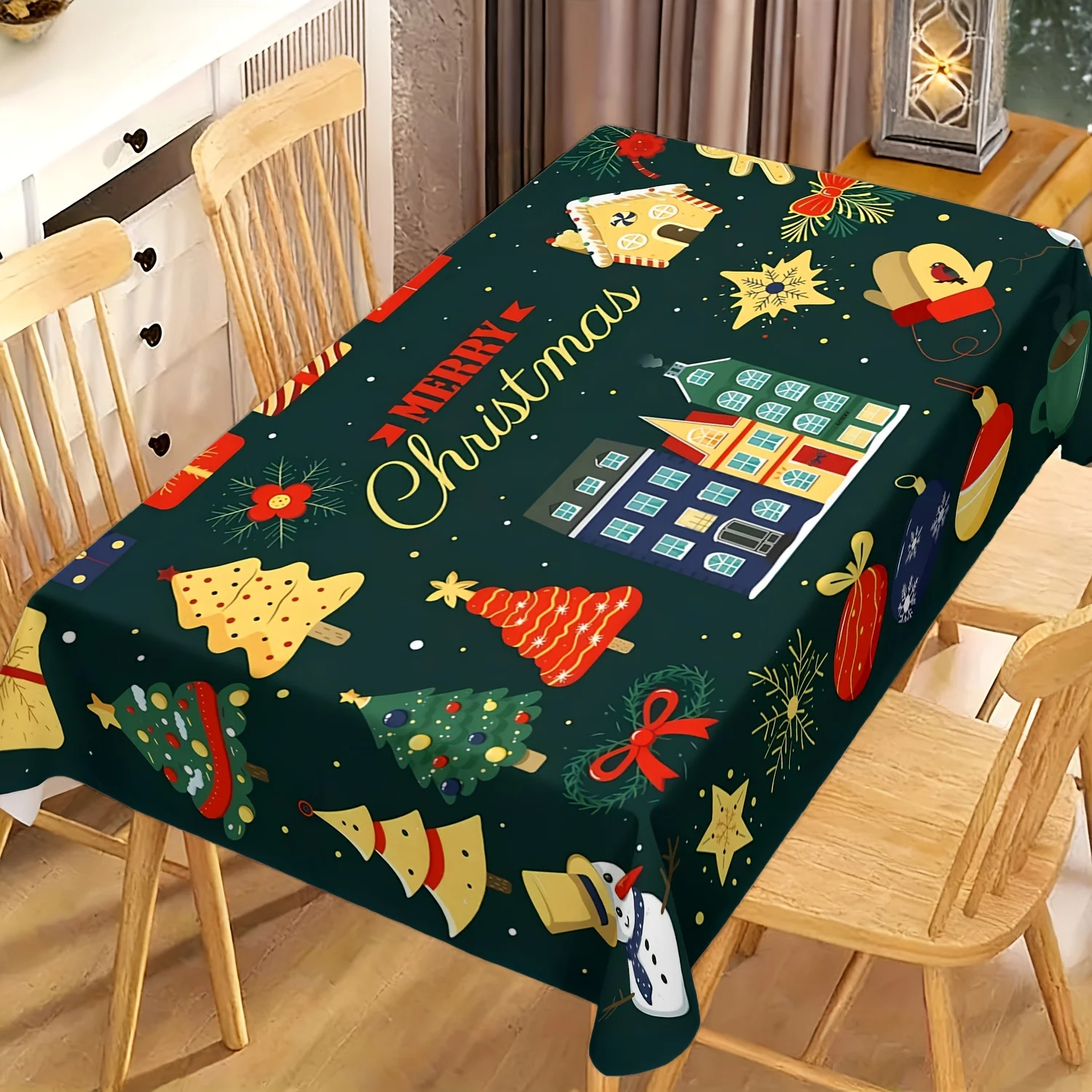 Cartoon House Tree Xmas Tablecloth, Soft Rectangular Washable Table Cover for Daily Dining & Family Holiday Gathering Decor
