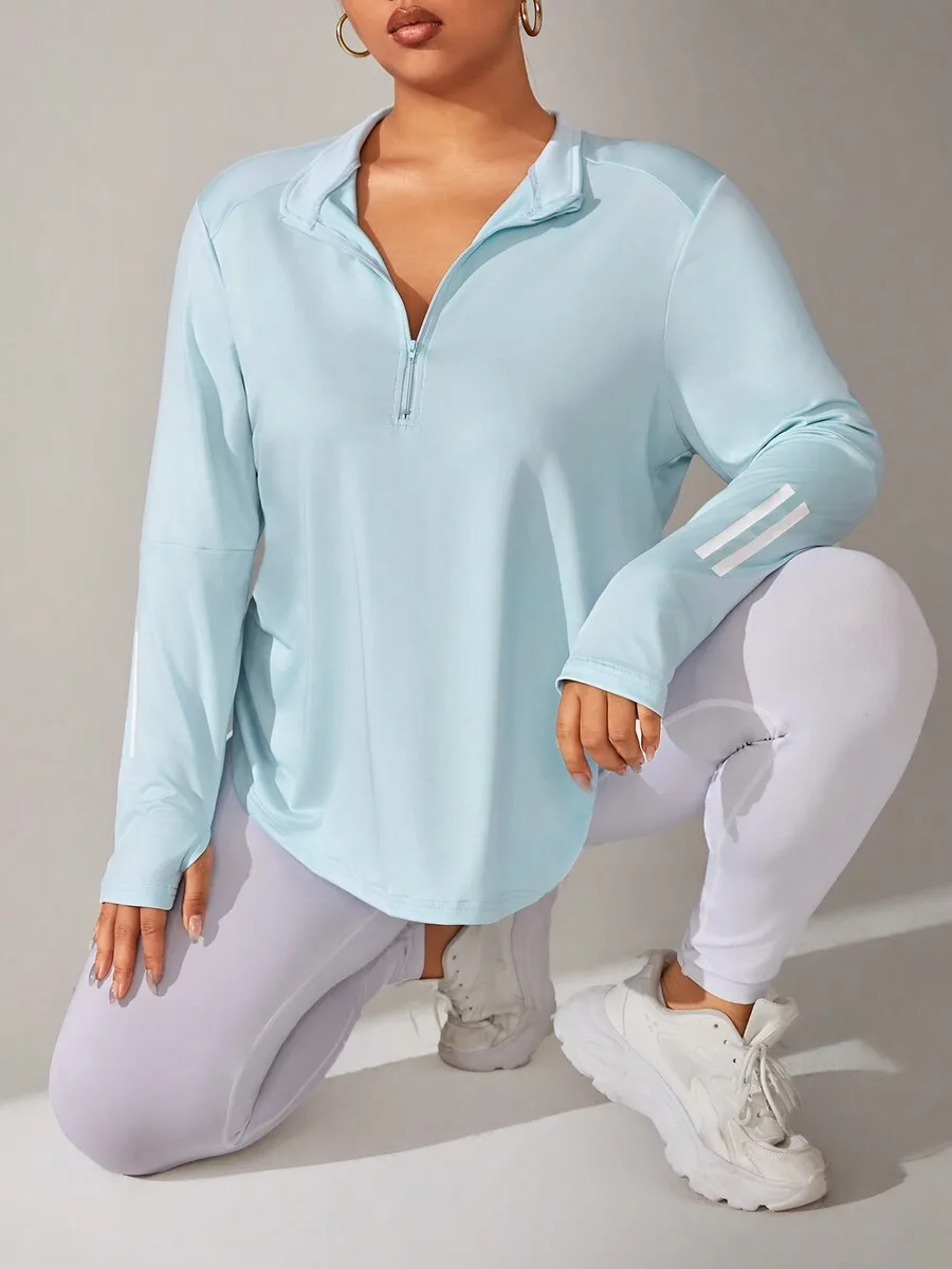 

Plus Size Long Sleeve 1/4 Zip Sports Top with Stripe Detail - Light Blue
