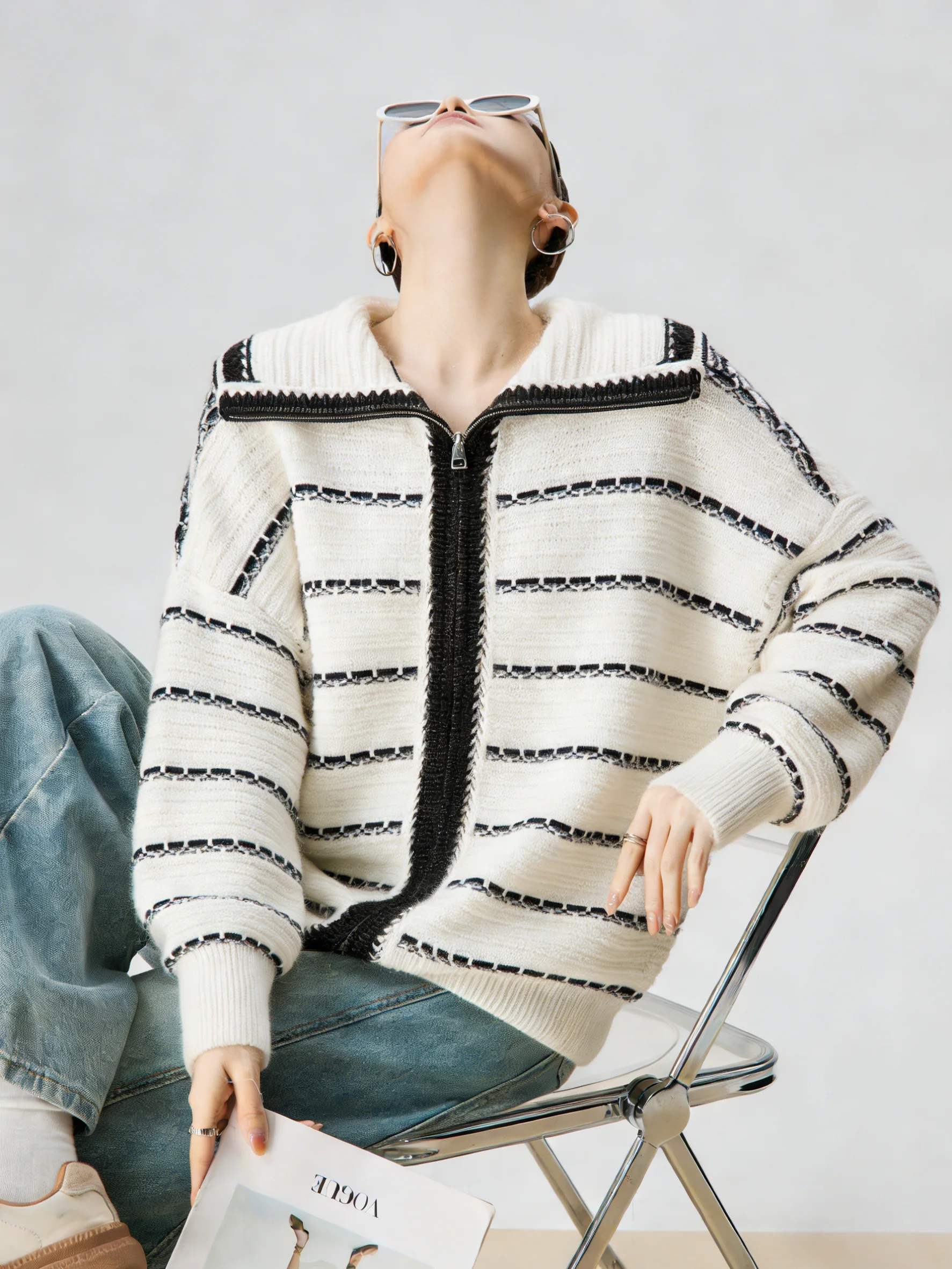 

Белый полосатый вязаный кардиган с двойной молнией и воротником-стойкой, новый весенний красивый укороченный топ для женщин