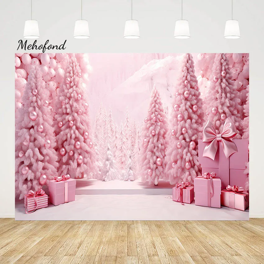 Mehofond Photography Background Pink Xmas Tree Winter Christmas Forest Gift Decor Kid Girl Birthday Party Backdrop Photo Studio