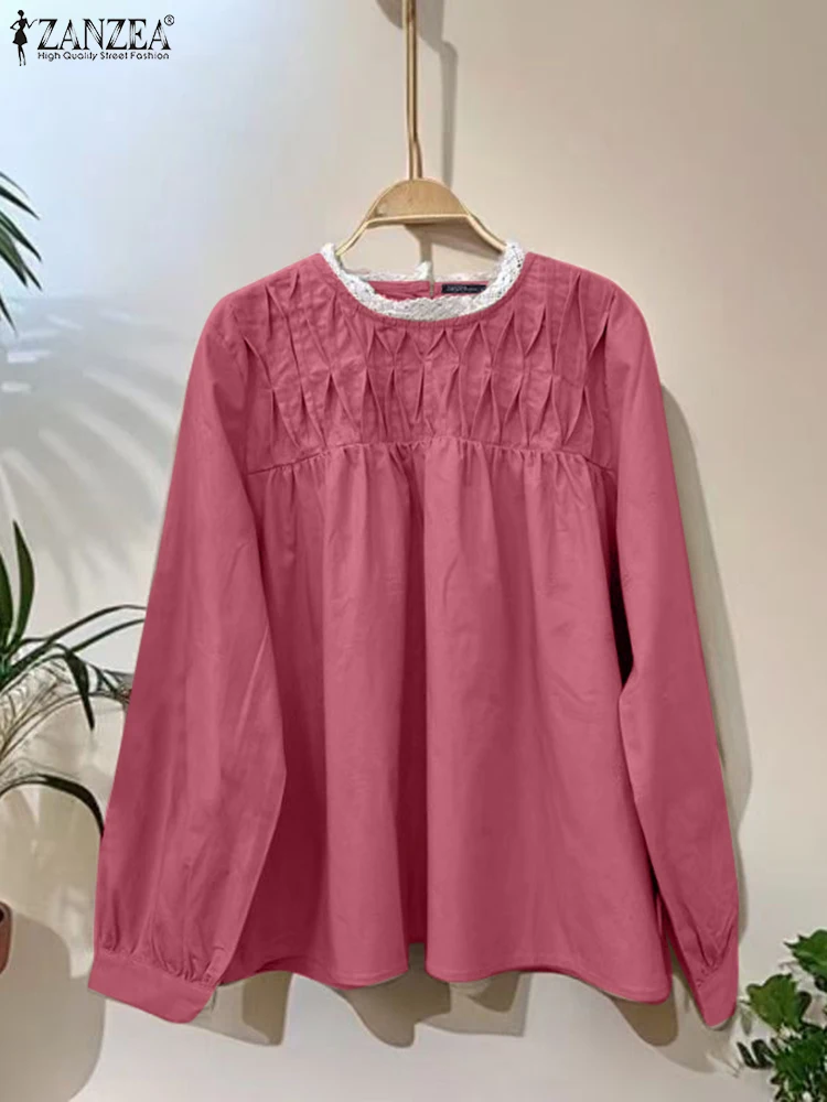 

ZANZEA женские блузки 2025 модные топы с длинными рукавами кружевные лоскутные плиссированные повседневные рубашки элегантные однотонные блузки с рюшами Femme