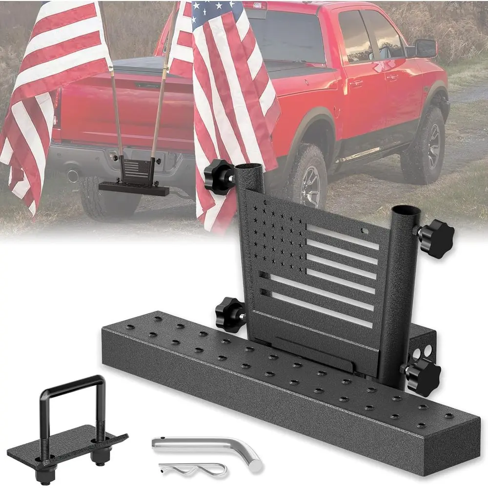 

Trailer Dual Hitch lag Pole Holder Step or 2 Inch Receiver with License Plat& U-Bolts Stabilize, Compatible with Pickups Trucks