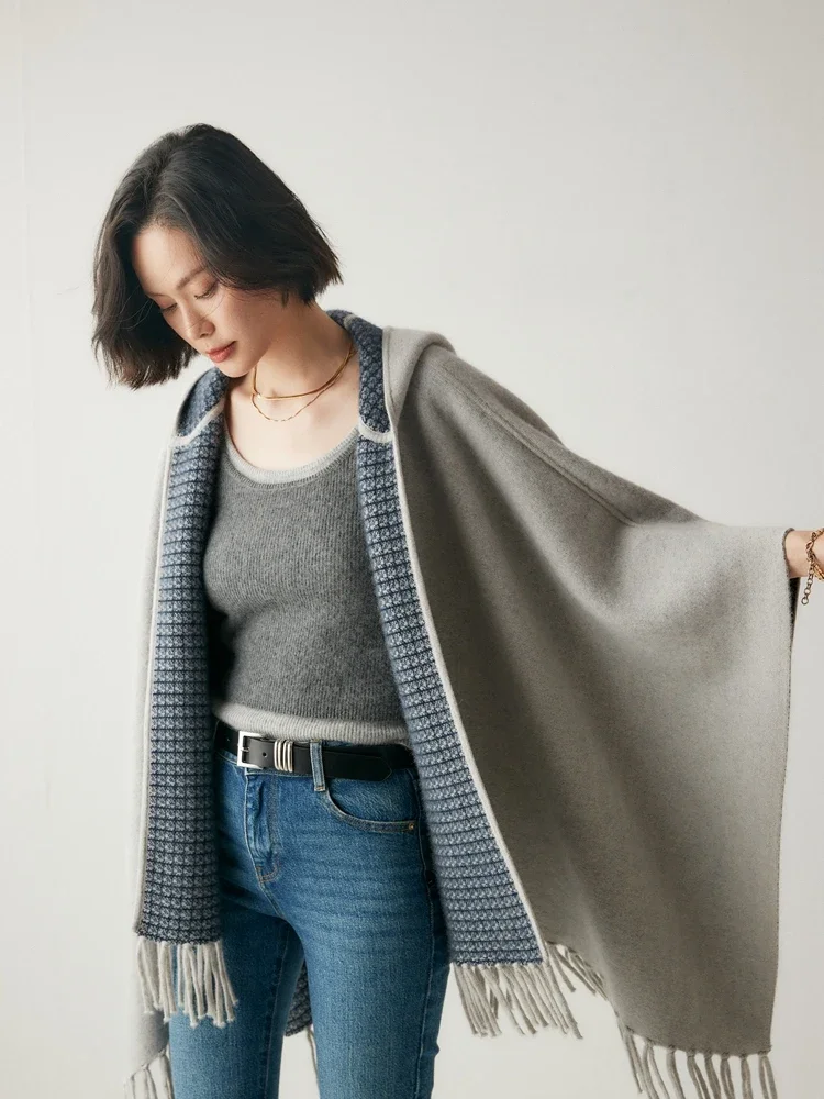Women 100% Cashmere Sweater Tassel Poncho Shawl Thick Soft Coat Cashmere Knit Wrap Autumn Winter Jacquard Cashmere Luxury Tops