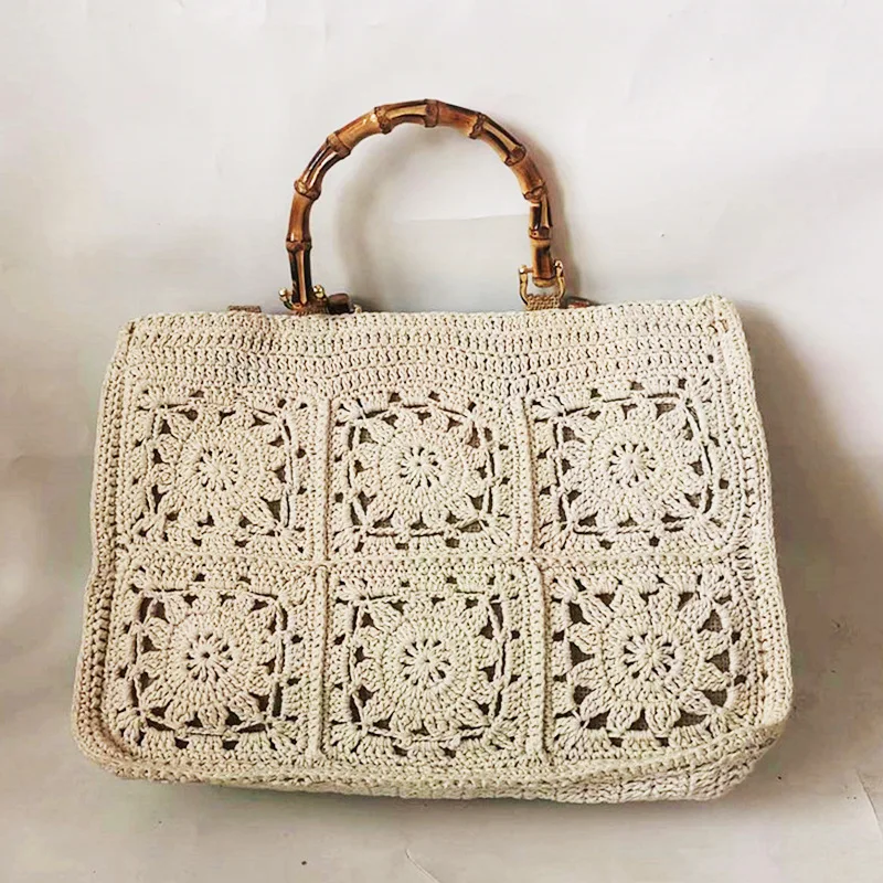 Vintage Bamboon Handle Women Handbags Crochet Large Capacity Tote Bag Handmade Woven Hollow Beach Bag Casual Big Summer Bags