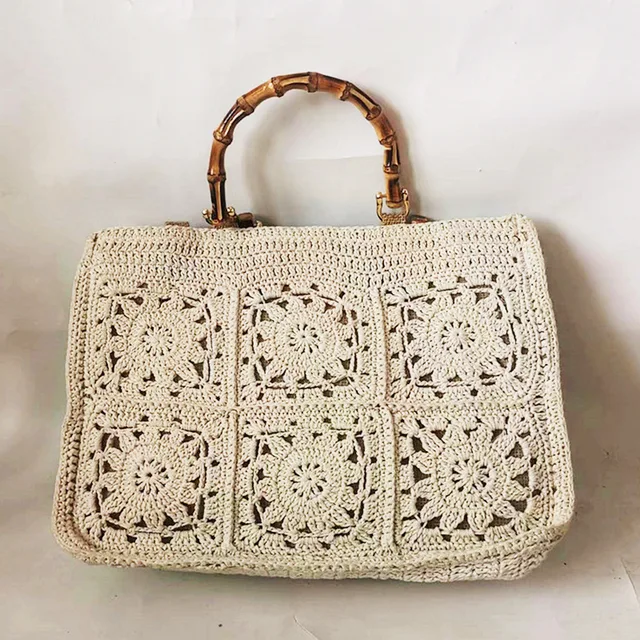 Bolso de mano Vintage con asa de bambú para mujer, bolso de ganchillo de gran capacidad, tejido a mano, bolso de playa hueco, bolsos grandes informales de verano