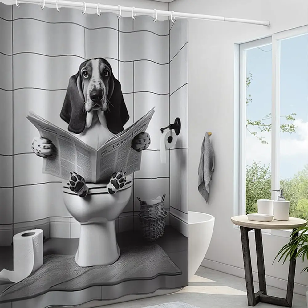 Juego de cortinas de ducha con diseño de perro Basset Hound blanco y negro leyendo un periódico en el inodoro, decoración genial para el baño, arte de perro Basset, baño divertido
